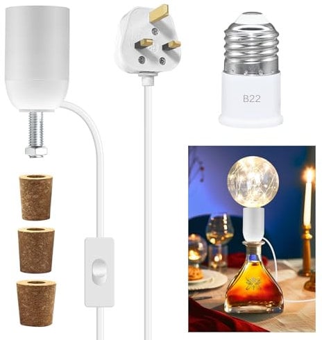 Lamp Kits for Do It Yourself, E27 DIY Bottle Lamp Kit White Bottle Lamp Adaptor Kit with 7.87Ft Cable with Switch and Plug, Table Lamp Fittings with 3 Types Bung for Various Bottles, for Bedside