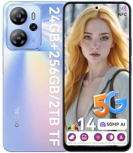 OSCAL Tiger 13 Móvil 5G Smartphone - 24GB+256GB/2TB Android 14 | Cámara 50MP IA | 6.67 90Hz 700nits | Batería 5000mAh 18W | 5G Dual SIM + NFC | Gemini IA + Huella | 3 Años Garantía - Azul