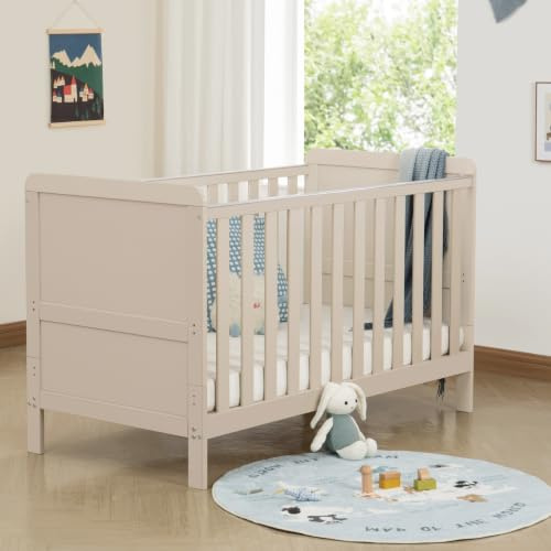 Babymore Caro Urban Cot Bed Cashmere - Convertible Baby Cot to Toddler Bed, From Birth Last Up To 5 Years, 3 Adjustable Mattress Base Positions, Wooden Cot With Protective Teething Rails (No Mattress)