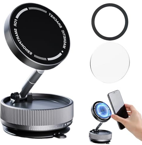 Bettinay Vacuum Magnetic Suction Phone Holder, 360° Rotatable Car Stand Suction Cup, Compact Foldable