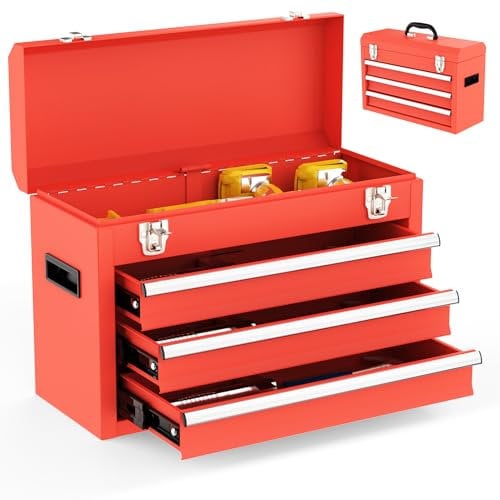 Gornoxblif Metal Tool Box, Portable Metal Tool Box with 3 Drawers, Steel Tool Chest with EVC Liners and Latches Closure, Heavy Duty Steel with Ball-Bearing Slides and Powder Coated Finish