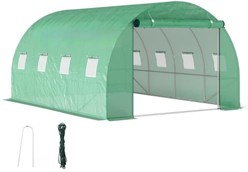 Outsunny Serre de Jardin 12 m², Serre Tunnel de Jardin 3 x 4 x 2 m avec Porte Enroulable et 8 fenêtres en Maille, Serre en Acier galvanisé et PE Haute densité 170 g/m², résistante aux UV, Vert