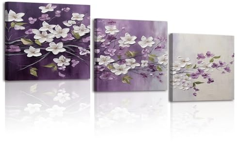 PIY PAINTING Arte Murale Su Tela Floreale, Poster Artistico Bianco e Viola,Immagini A Parete Romantica, Immagine Su Tela Per Camera Da Letto Soggiorno Bagno Caffè, Set Di 3, 30x30 cm (90X30 CM)