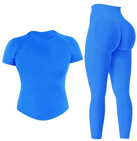 MAYROUND Gym Sets for Women 2 Piece Outfit Gym Scrunch Leggings and Short Sleeve Crop Top Set Seamless Yoga Tracksuits