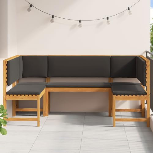 IKAYAA 5-TLG Eckbank - Eckbankgruppe für Esszimmer, Sitzecke, Essecke, Balkonmöbel Set Akazienholz, Lounge Set Balkon, Gartenmöbel Sitzgruppe mit Kissen, Anthrazit