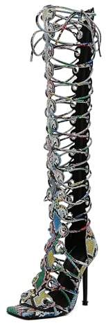 STUPMARY Women Peep Toe Sandals Cut-outs Cross-tied Lace Up High Heeled Gladiator Sandals Zipper Over The Knee Bootie Summer