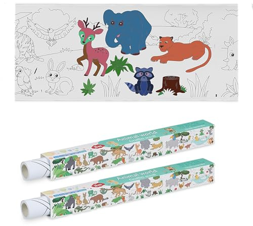 Relaxdays Colouring Paper Roll for Kids, Set of 2, 3 m, Self-Adhesive, Animals, Drawing Sheet, Table Cover, White