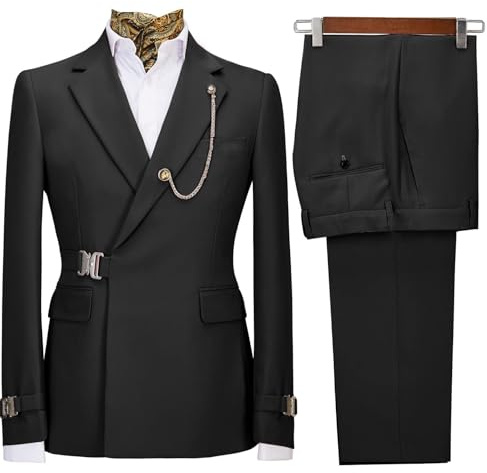 Men's 2 Piece Suit with Metal Clasp Slim Fit Suit Stylish Business & Casual Tuxedo Suit, Black, L