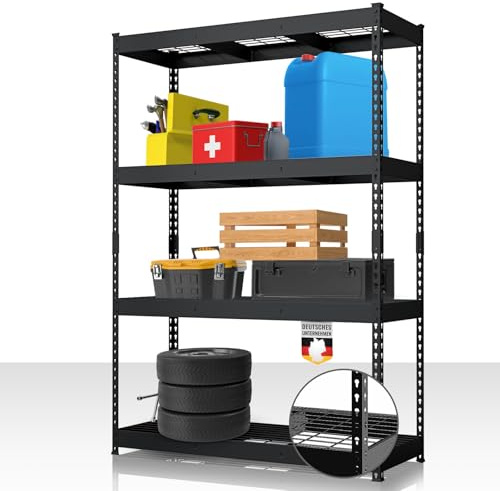 Floordirekt Schwerlastregal Yukon Rivet 180 x 120 x 60 cm, 4 Etagen Schwarz | Stahlregal mit Gitterböden | 250–350 kg Tragkraft je Etage | Verschiedene Größen & Farben