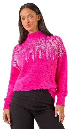 Roman Fluffy Sequin Embellished Jumper for Women UK - Ladies Autumn Everyday Winter Holiday High Neckline Comfy Long Sleeve Soft Sparkle Detail Dinner Out Sweaters