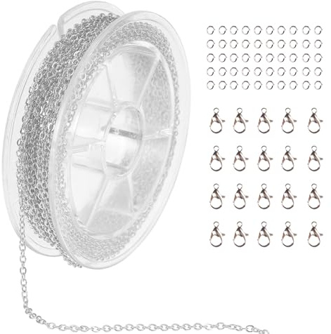 Wellrun 10m Stainless Steel Chain with 20 Connectors and 50 Loops,2.4mm O-Ring Jewelry Chain for DIY,Crafts,Necklaces(Silver)