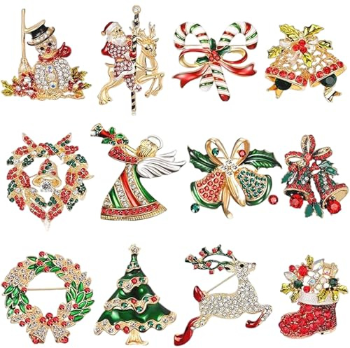 Weihnachtsnadeln, 12 Stück, Kristall-Weihnachtsbrosche, Strass-Weihnachtsbrosche für Damen, Schal, Schal, Feiertagsschmuck, Hochzeit, Party, Broschen und für Damen