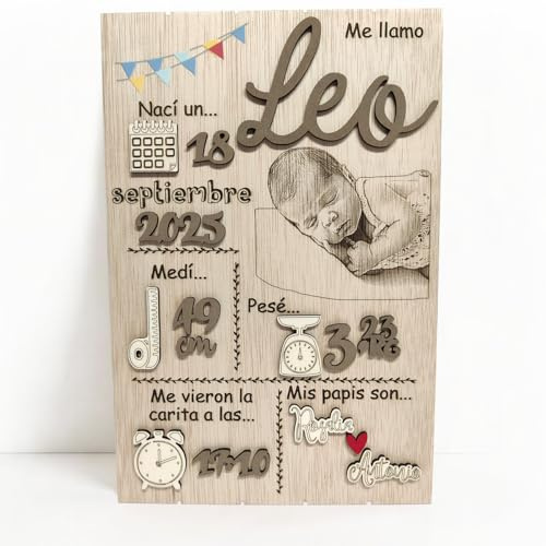 Natalicio Bebe Personalizado – Regalos para Bebes Recien Nacidos Niño y Niña Originales, Hecho a Mano en Madera Natural, Decoracion Habitacion Bebe, 20 Diseños (Foto Grabada, Pintado)