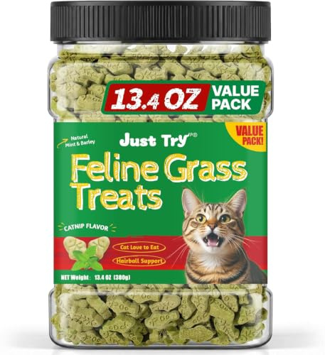 Just Try Cat Grass Treats, Hairball Remedy for Cats, Added Vitamin D&E 380g | Healthy Cat Hairball Control & Dental Treats, Provides Cat Grass for Indoor Cats, Treats for Cats, Natural Salmon Flavor
