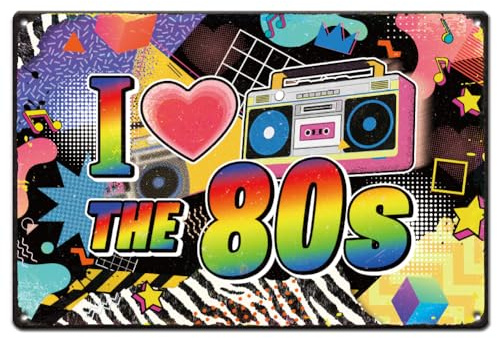 SUPERDANT 80s Metal Signs Retro Tin Signs Vintage Wall Decor 80s Themed Party Neon Graffiti Radio Garage Man Cave Office Porch Pre-Drilled Rolled-Edge Iron Plaque 30x20cm