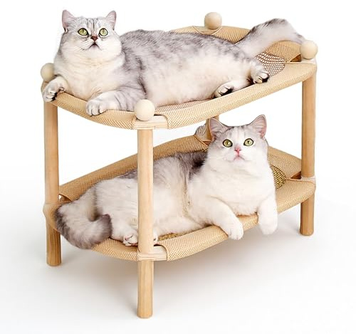 LORESJOY 2-Stöckige Katzenbett, Katzenhaus aus Holz, 59 x 39 x 40 cm Kratzbaum für Große Katzen, 2-in-1 Kratzbaum Katzenzelt, Katzenhöhle Katzenbett in Würfelform Freistehend, mit Kissen