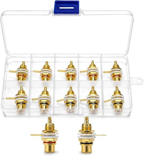 AmiCera Lot de 10 prises RCA RCA plaqué or, 3/8 RCA Jack Terminal, prise de châssis audio HiFi, prise audio avec connexion à souder, prise encastrée pour châssis (5 noirs + 5 rouges)