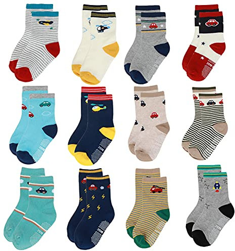 Yafane 12 Paia Ragazzo Calzini Antiscivolo Bambino Neonato Cotone Calze per Ragazzi Bambini 0-5 Anni (1-3 anni)