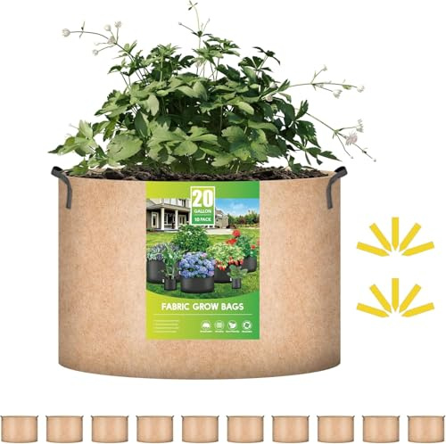iPower 20 Gallon 10 Pack Grow Bags Nonwoven Fabric Pots Aeration Container with Strap Handles for Garden and Planting, 10-Pack Tan, 20 Gallon