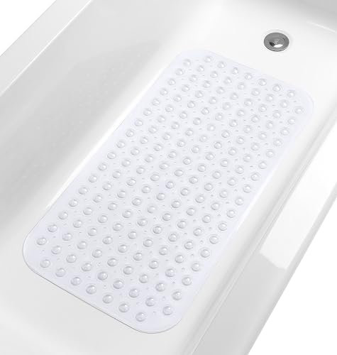 TIKE SMART Tapete grande antideslizante para bañera y ducha de 31 x 16 pulgadas (solo bañeras lisas/sin textura) seguro, limpio, lavable a máquina, agarre y drenaje superiores, vinilo, transparente