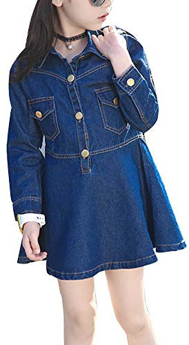 Runyue Kinder Mädchen Lange Ärmel Denim-Kleid Volltonfarbe mit Hosenträger Jeanskleid Blau 160CM