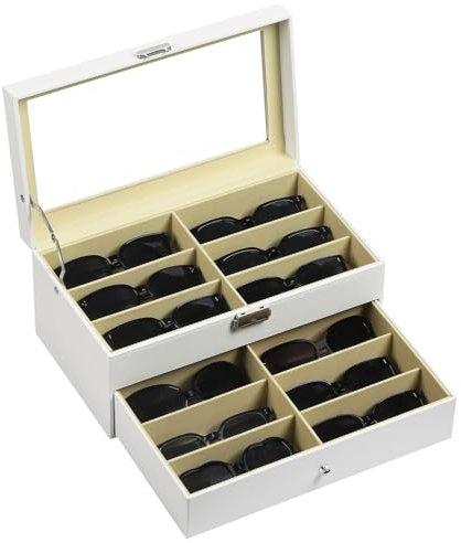 AUTOARK PU-Leder Brillenbox zur Aufbewahrung von 12 Brillen Sonnenbrillen Präsentation Showcase,Weiß,AW-053