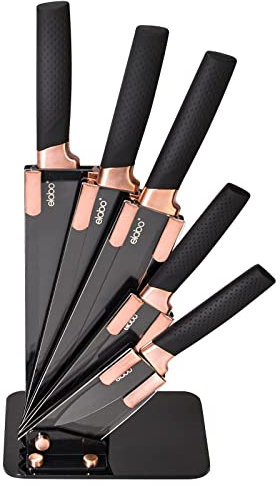 elabo 5 Pieces Black Kitchen Knife Set Stainless Steel Non Stick Coating Knives with Base, Rose Gold Handle,