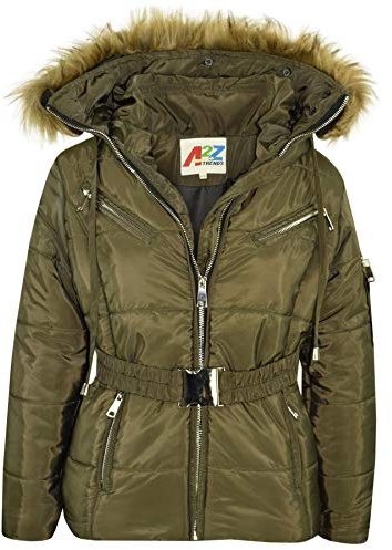 A2Z 4 Kids Girls Jackets Puffer Hooded Stylish Detachable Faux Fur Padded - Jacket Belted 582 Olive 13