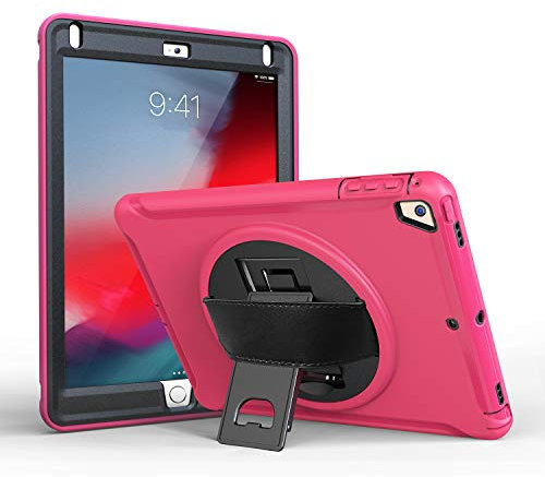 QYiD Funda para iPad 9.7 resistente a prueba de golpes con soporte integrado y correa de mano para Apple iPad 9.7 (2018) / iPad 9.7 (2017) / iPad Pro 9.7 (2016) / iPad Air 2 (2014) (Shock Pink)