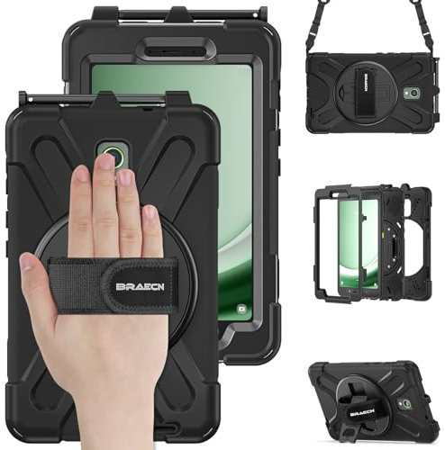 BRAECN Case for Samsung Galaxy Tab Active 5/Tab Active 3 8 Inch SM-X300/X306B/T570/T575, Heavy Duty Shockproof Sturdy Cover with 360° Rotating Hand Strap & Kickstand, Shoulder Strap, Black