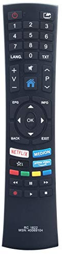 VINABTY RC1822 Ersatz Fernbedienung Passend für Medion Smart Full HD TV Life X14000 (MD 31510) X14305 (MD 31511) X14908 (MD 31512) X15504 (MD 31513) X16503 (MD 31514) S16599 X14343