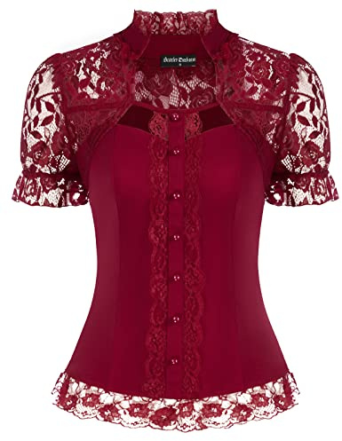 Damen Steampunk Spitzen Shirt Kurzarm Renaissance Spitzenshirt für Party Rotwein XL