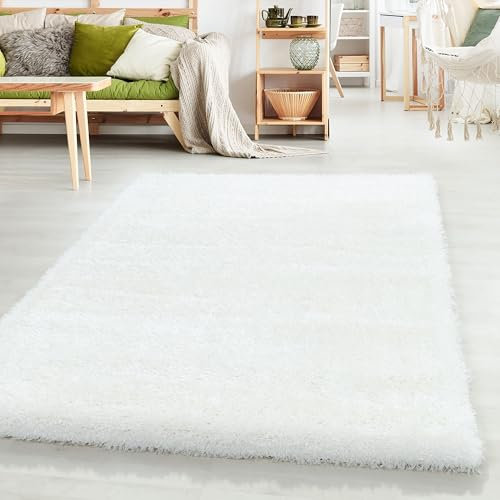 HomebyHome Shaggy Teppich 300x400 Wohnzimmer (280x370 cm) - 50 mm Florhöhe Hochflor Wohnzimmerteppich Weiss Extra Weich und Flauschig - Langflor Teppiche für Schlafzimmer, Küche, Flur - Carpet