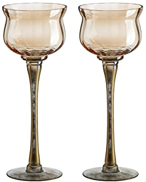 CRISTALICA Kerzenhalter Windlicht Leuchter auf Fuß Glas Golden Dust 2er Set 35cm