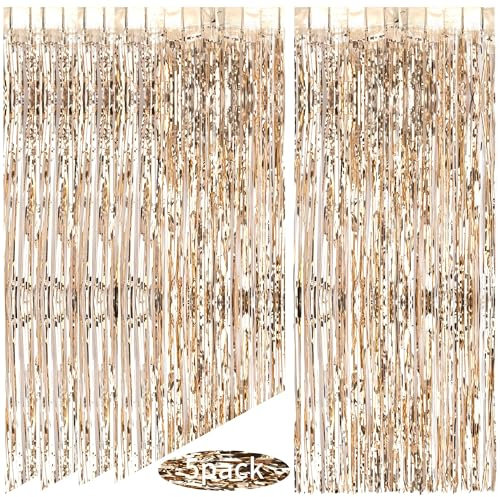 AIBAOBAO 5 Pack Foil Curtain Decorations, Champagne Gold 3ft x 6.6ft Metallic Tinsel Streamers Backdrop for Birthday Graduation Wedding Engagement Bridal Shower Bachelorette Holiday Party Decoration