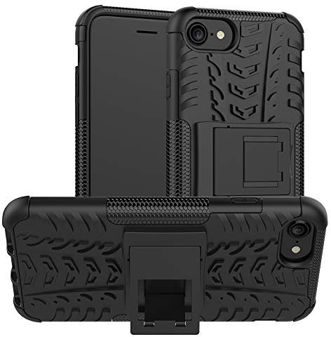 For iPhone SE 2022 Phone Case, iPhone SE 2020 Case, iPhone 8/7 Case, Military Grade Tough Armor Protection Shockproof Cover with Built-in Kickstand Dual Layer Hybrid Hard PU Soft TPU Shell, Black