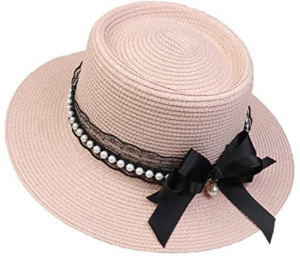 JK Home Panama Eté Femme Chapeau de Soleil avec Nœud de Papillon Capeline Large Bord pour Plage Mariage Camping Rose Pâle