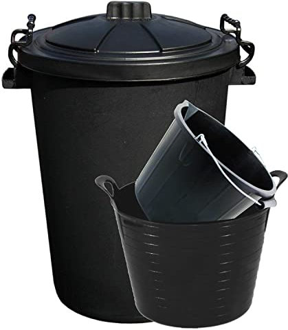 (Set of 3)- Black 50L Litre Heavy Duty Clip Lock Lid Rubbish Bin, Dustbin /3 Gallon 14 Litre Plasters Builder Bucket and 20 Litre Flexible Plastic Storage Container Bucket Tub Trugs Horse Feeder