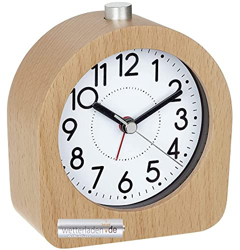 TFA Dostmann Wecker analog aus Buche, 60.1038.05, geräuscharmes Uhrwerk, Hintergrundbeleuchtung, Weckalarm, braun mit Batterie