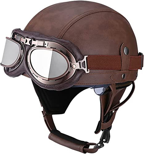 Retro Motorradhelm Lederhelm Jethelme Leder-Helm Vintage Mopedhelm Mit Brille Motorradkreuzer-Rollerhelm im Deutschen Stil (XL)