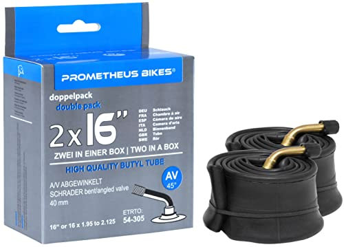 Prometheus Schlauch 2 x 16 Zoll AV abgewinkelt für Kinderfahrrad Fahrrad 16“ oder 16 x 1.95 bis 2.125 - Gewinde vernickelt - Doppelpack
