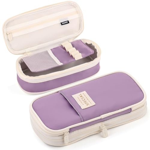 MAMUNU Big Capacity Pencil Cases with Compartments Pencil Pouch Aesthetic for Teen Students, Expendable Stationery Organizer Pen Bag for College School Office (Purple)