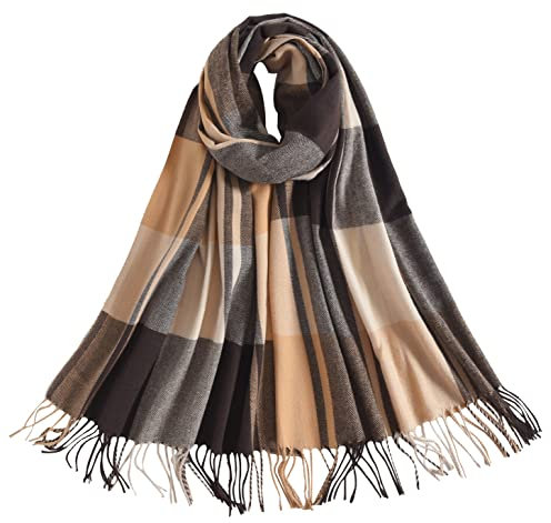Baynetin Damen Winter Senior Plaid Kaschmir Schal,Kariert Pashmina Übergroßer Herbstschal Stolen,Tartan Schultertuch Mit Quasten,Karomuster Warmer Oversized Fransen Poncho (Braun Gelb)
