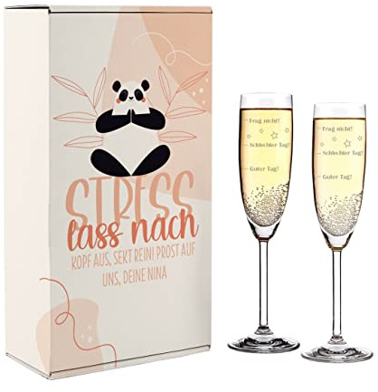 Herz & Heim® Leonardo Sektglas mit Gratis Gravur - Guter Tag - Schlechter Tag - Frag nicht! - das Stimmungsglas als lustige Geschenkidee Stress lass nach