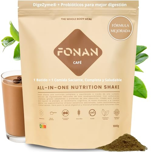 FONAN Batidos Sustitutivos de Comida y Desayuno con Enzimas DigeZyme y Probioticos - Batidos Saciantes Completos y Sanos con Proteina, Carbohidratos, Vitaminas, Minerales y Superalimentos CAFE