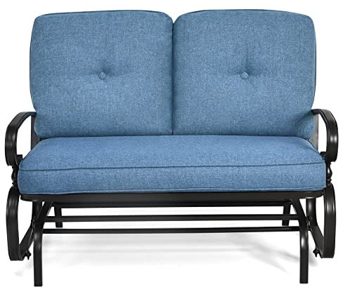 SFAREST Patio 2-Seater Glider Bench, Outdoor Swing Gliding Chair with Soft Cushions and High Backrest, Metal Rocking Seating for Garden Porch Balcony Yard(Blue,120 x 68 x 85 cm)