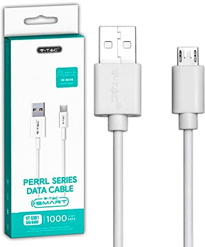 V-TAC Câble USB-A vers Micro USB 1 mètre pour Smartphone, Ordinateur, Tablette - Câble MicroUSB pour Charge et Transmission de Données - Compatible Apple Huawei et Samsung - Blanc