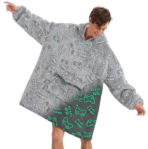 Mewkou Glow in The Dark Game Controller Wearable Blanket Hoodie for Adults, Oversized Sherpa Fleece Blanket Hoodie for Women & Men, Birthday Gifts for Gamers