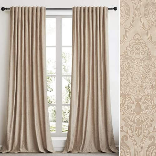 GIGIZAZA Samtvorhänge, 244 cm lang, 2 Paneele, Beige, Boho-Dreapes, Blume, geprägt, Verdunkelungsvorhang, Fenstervorhang für Wohnzimmer, Rückenlasche, Thermovorhang für Schlafzimmer
