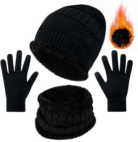 Ensemble de Bonnet Tricoté Écharpe Gants d'écran Tactile pour Hommes Femmes d'hiver épais Cache-Cou Double Polaire Doux Bonnet Sports de Plein Air et Quotidien Gants Cadeau